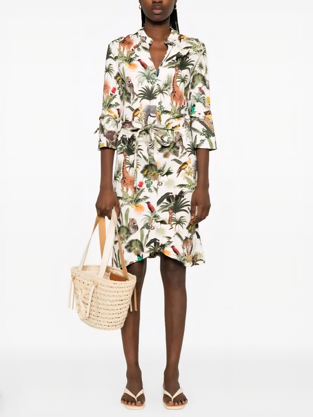 Marc Cain Tropical Safari Animal-Print Cream Midi Belted Dress, Size N4/10 ~ NWT